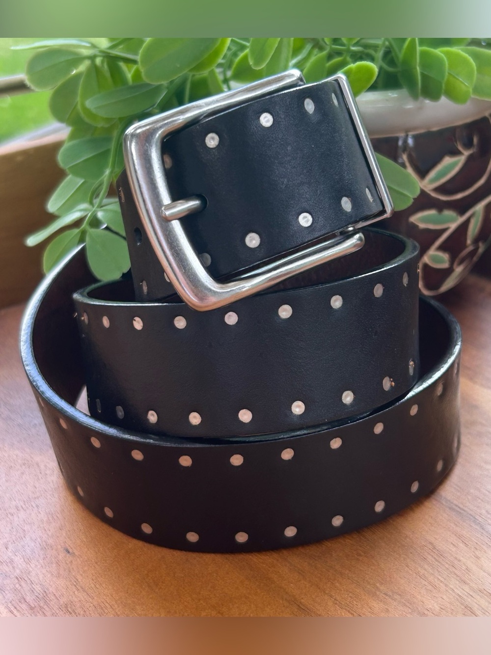 Lauren Ralph Lauren Black Leather Studded Belt Silver-Tone Buckle Reversible